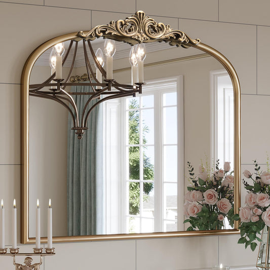 Wiserset Arched Antique Gold Mantel Wall Mirror, 36"x30" Large Vintage Gold Ornate Mantle Mirror, Wide Brass Mirrors for Bathroom Over Sink, Fireplace, Living Room, Entryway, Hanging or Leaning