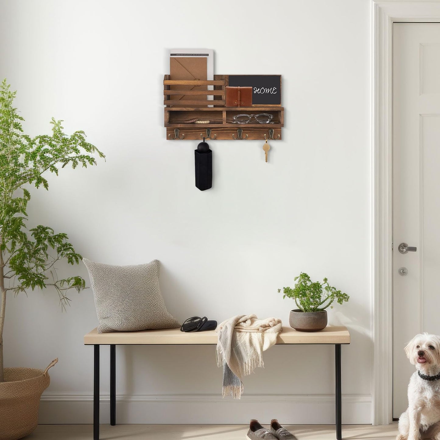 FIPUTE Key Holder for Wall, Wall Mounted Mail Holder Wooden with Shelf & 3 Liquid Chalks & Chalkboard, Mail Sorter Organizer, Rustic Home Decor (15.98”W x 9.1”H x 3.3”D), Burnt Brown