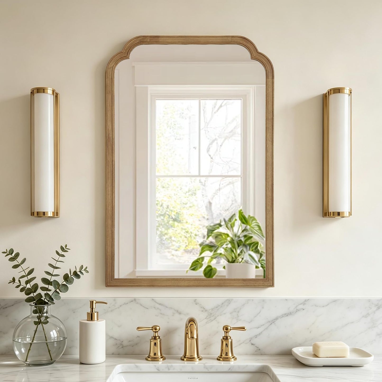 HOMECOOKIN Wood Bathroom Mirrors for Wall Mounted, Rustic Solid Wood Frame Wall Mirrors Decorative for Living Room, Entryway, Bedroom Vanity, Arch Scalloped Farmhouse Mirror(24" x 36",Natural)