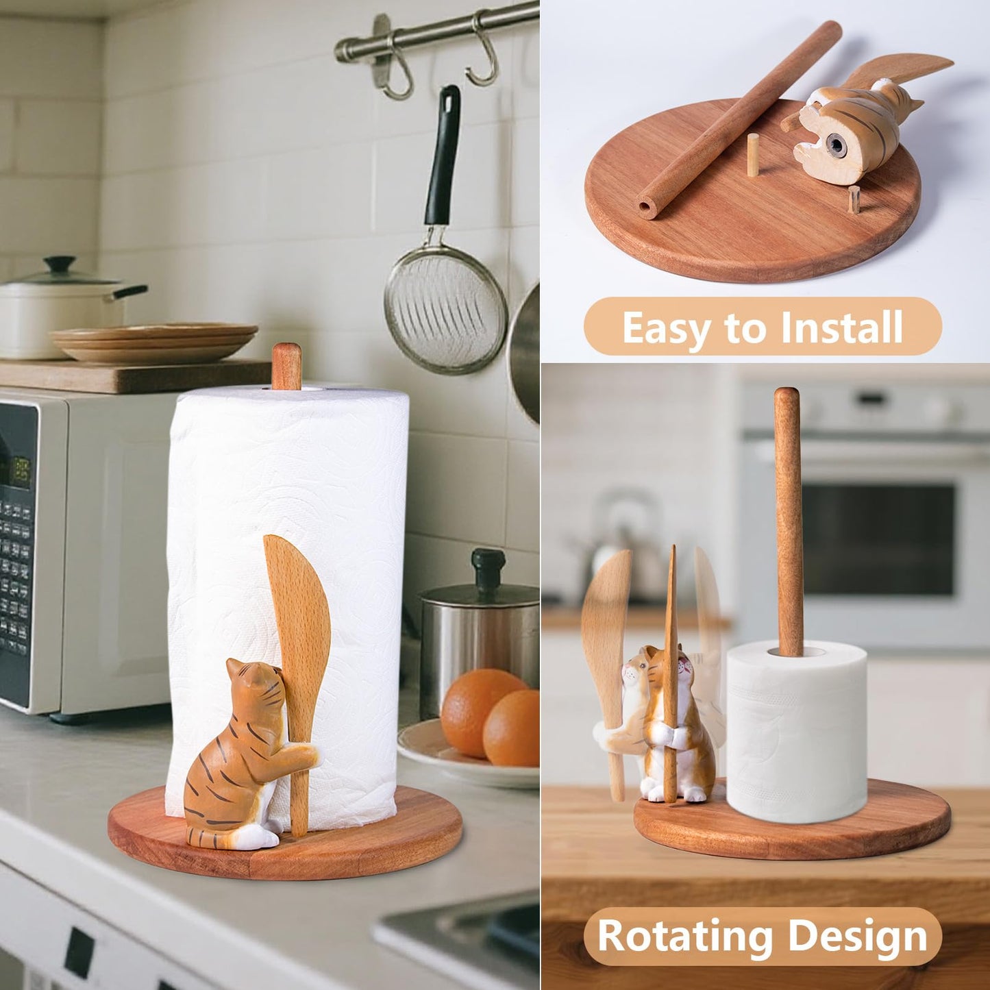 Cat Wooden Paper Towel Holder,9.5" Large Thicken Base Wood Kitchen Tissue Holder, Freestanding Paper Towel Holders, Suitable for Farmhouse, Kitchen Countertop Decorative Paper Towel Holder (cat)