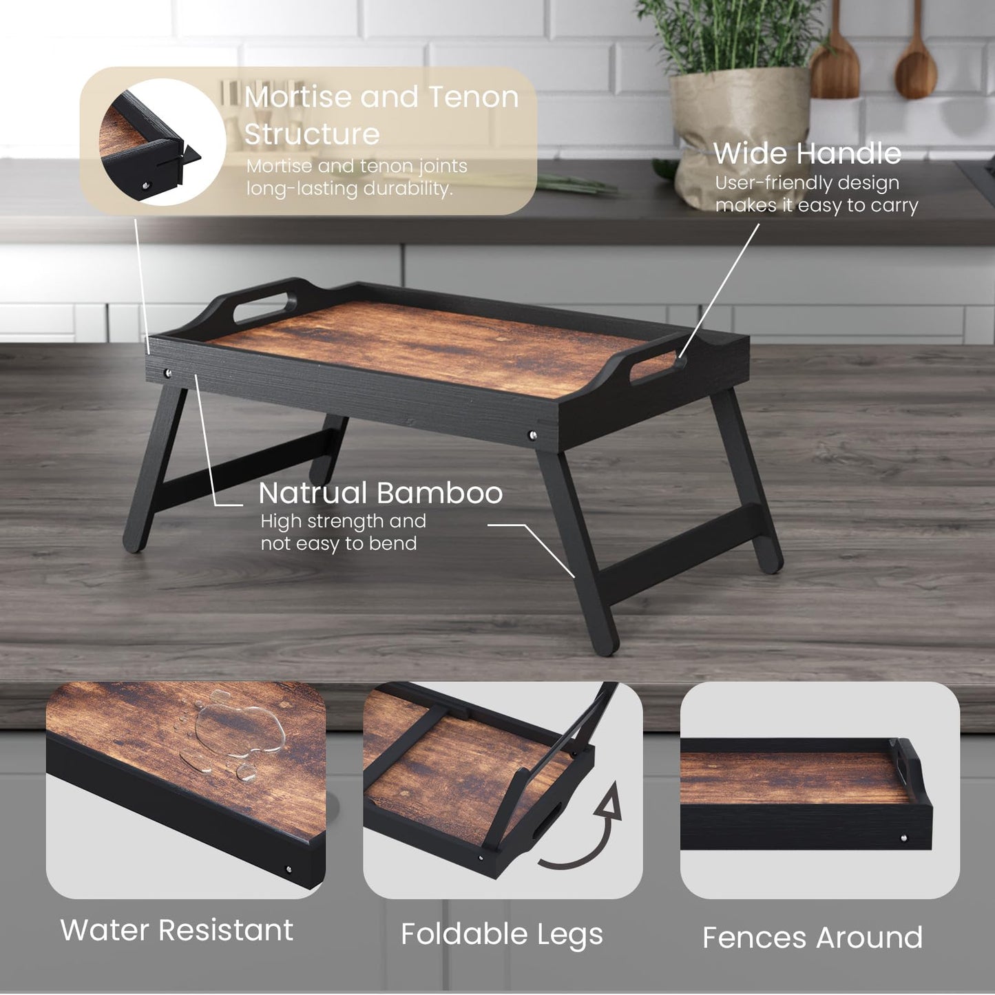 Fibogollo Wooden Bed Tray Table with Folding Legs and Handle,Breakfast Trays,Serving Tray for Food and Snack,Laptop Laptop Desk for Working