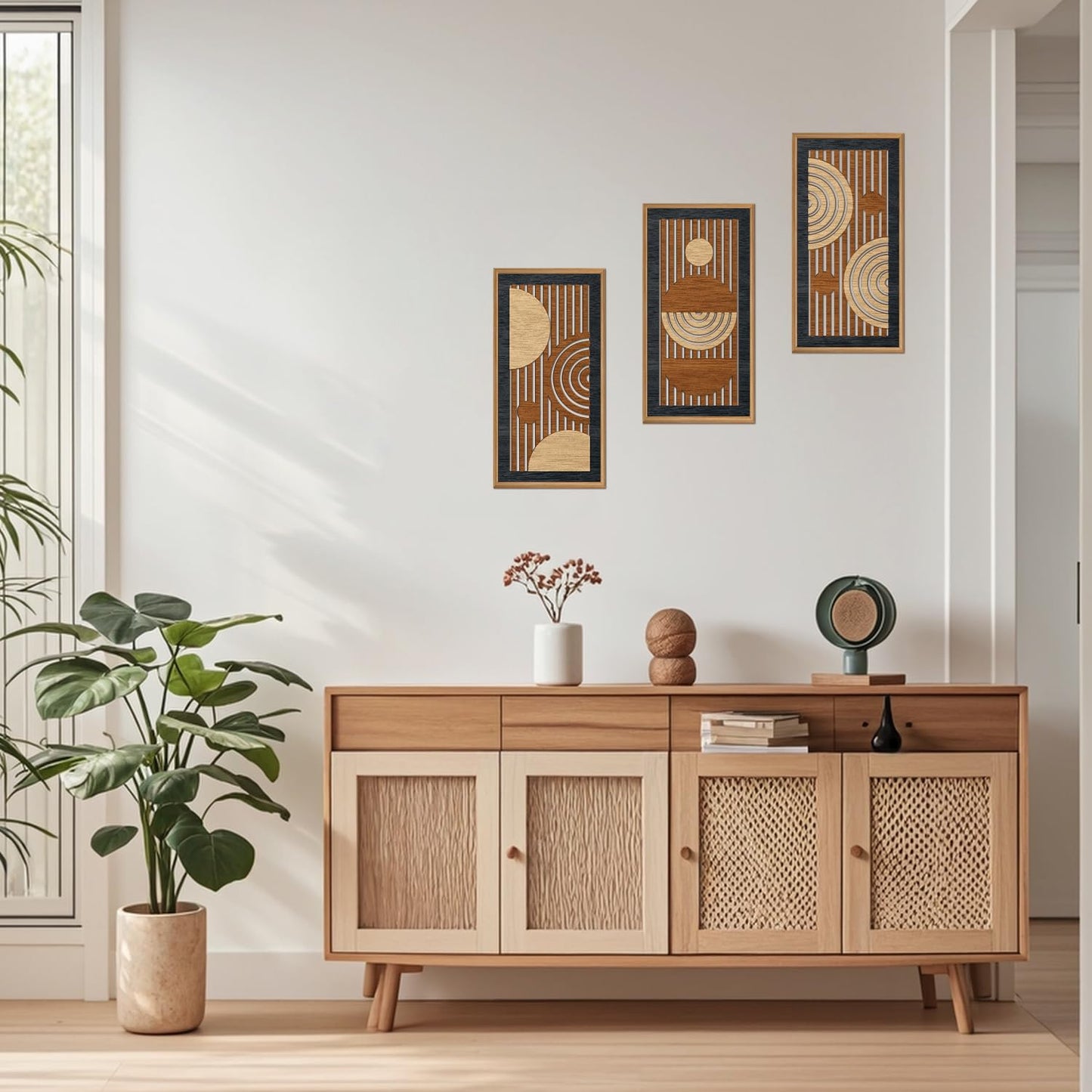 IARTTOP 3Pcs Mid Century Modern Wall Decor Framed Geometric Wood Wall Art Set Minimalist Abstract Line Panel Hanging Decor for Living Room Bedroom Office 8 x 16 Inch