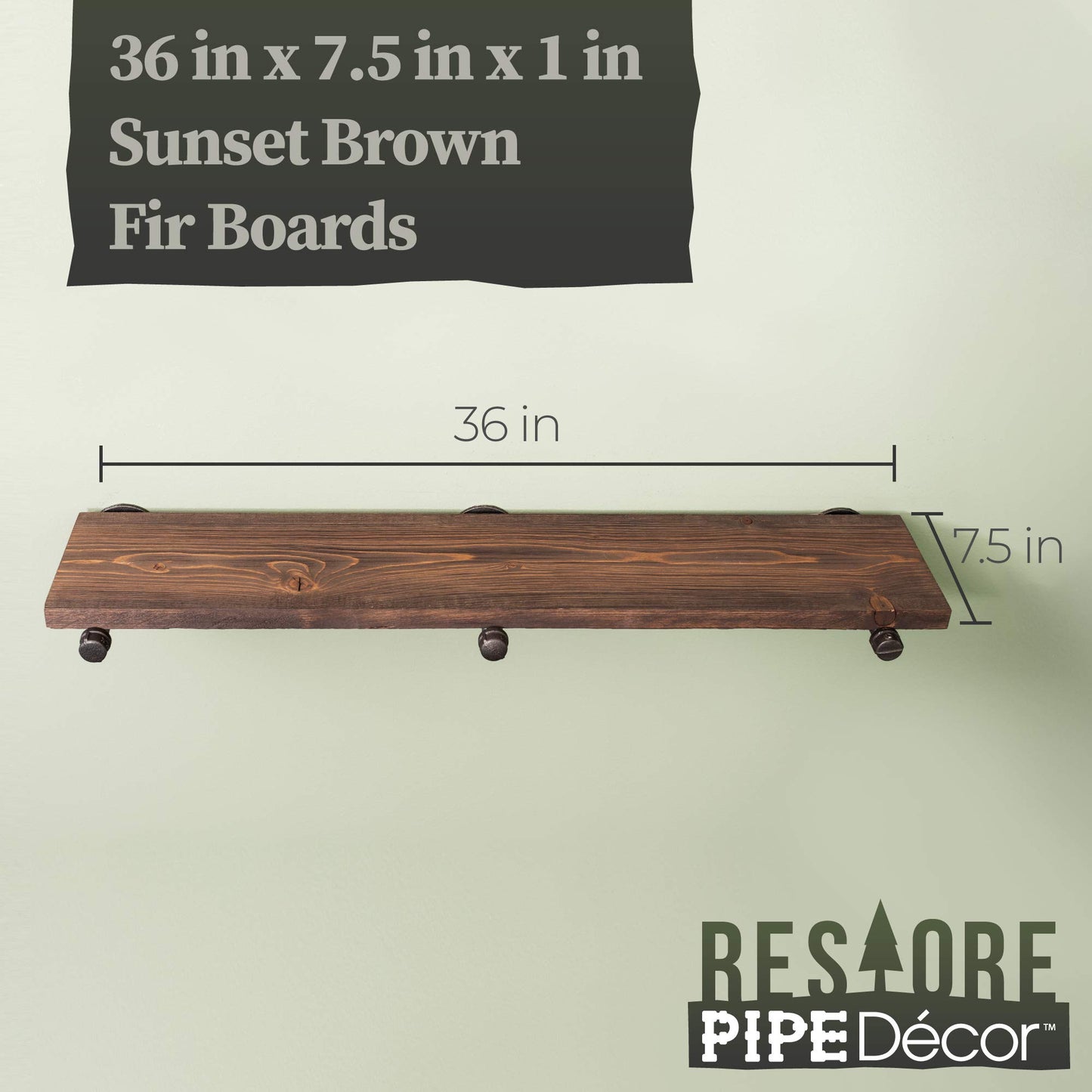 Industrial Pipe Wooden Shelves Restore by Pipe DÉCOR Premium Douglas Fir Wood Shelving 36 Inch Length Set of 2 Boards and 6 Straight Brackets Sunset Brown Finish