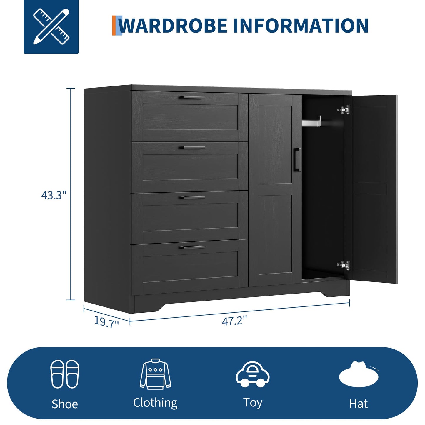 IDEALHOUSE 43.3'' H Armoire Wardrobe Closet with 4 Drawers and 2 Doors, Hanging Rod, Multifunctional Wooden Dresser with Storage Closet, Bathroom Cabinet for Bedroom, Black