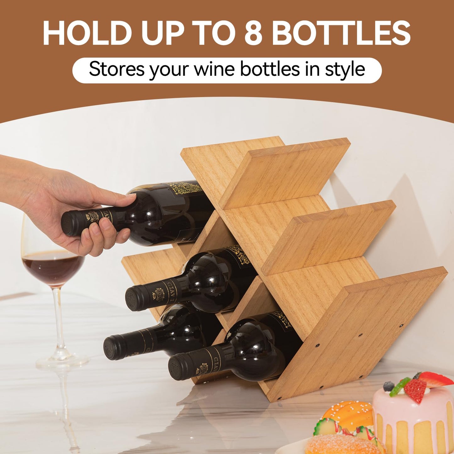 KIRIGEN Wooden 8-Bottle Wine Rack, 3-Tier Countertop Wine Bottle Holder for Cabinets, Bar Cart, Kitchen Counter, Pantry, Dining Room, Wood Stain, 16.73 x 5.91 x 11.14 in, XHJJ3-NA