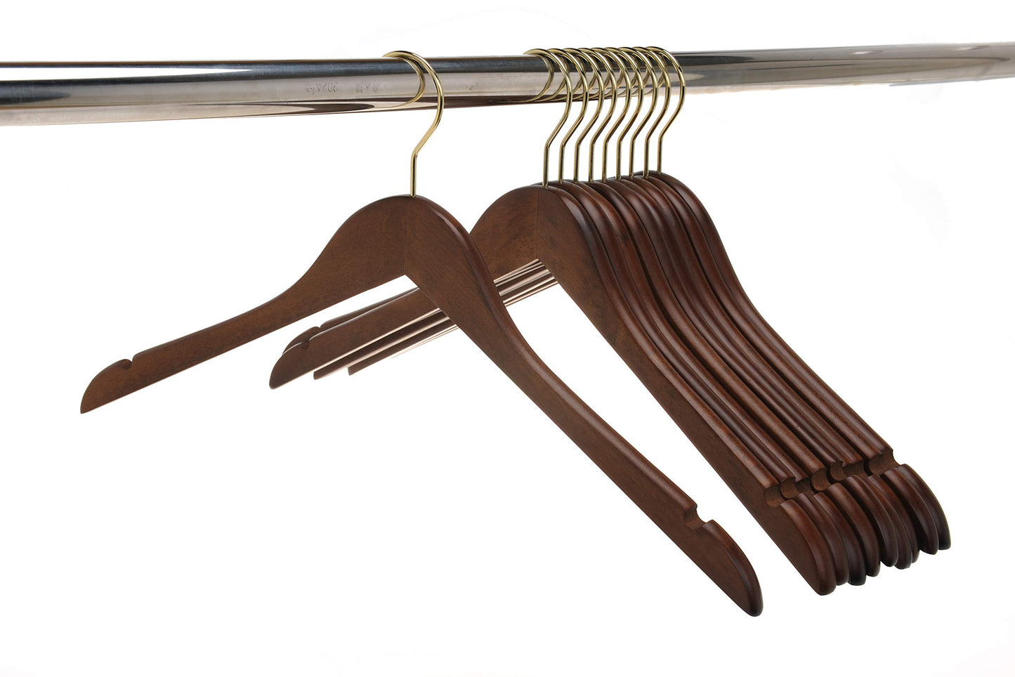 Quality Semi Curved Wooden Suit Hangers, 10-Pack Smooth Finish Solid Wood Coat Hanger with Swivel Hook, Jacket, Pant, Dress Clothes Hangers (Walnut - Gold Hook, 10)