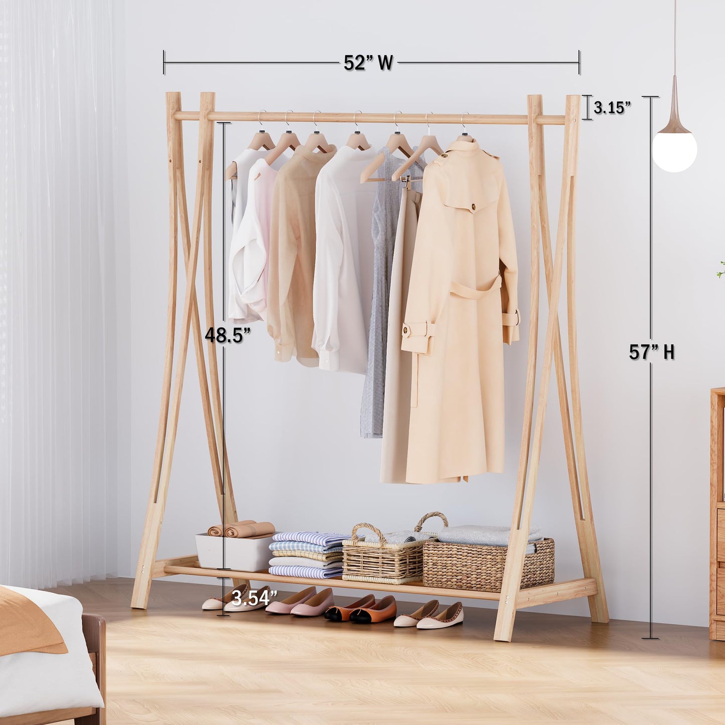 LEMODOR Wooden Retail Display Hanging Clothes Rack with Storage Shelf, 52" W x 57" H Freestanding Heavy Duty Clothing Drying Garment Rack for Hanging Clothes, Coat, Dress, Shirt, Hat