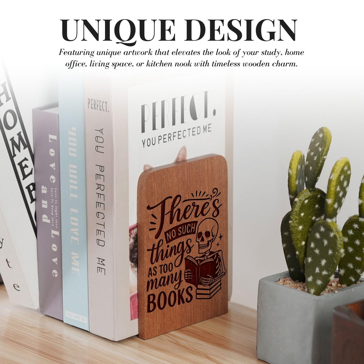 Book Lover Gifts for Women Men, Skull Bookends, Novelty Bookends Unique, Heavy Duty Wooden Book Ends for Shelves Decorative(1 Pair, 4.72x6.69 Inches) - NoSuch