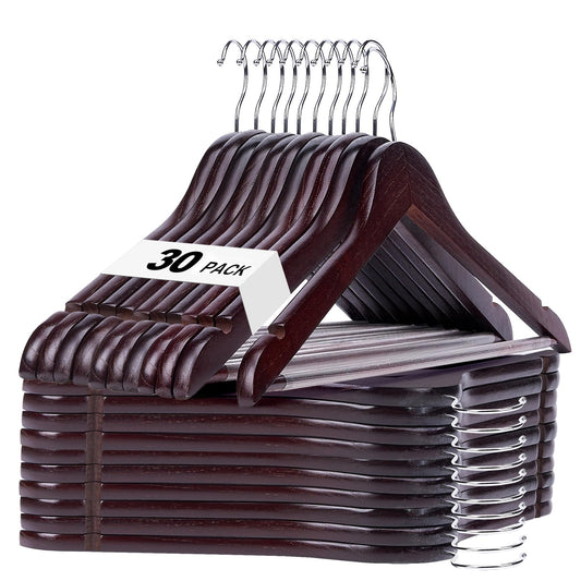 HOUSE DAY Cherry Wooden Hangers 30 Pack, Solid Wood Hanger with Non Slip Pant Bar, Heavy Duty Wooden Coat Hanger for Closet, Smooth Finish Wood Clothes Hangers for Shirts, Suits, Jackets, Dress