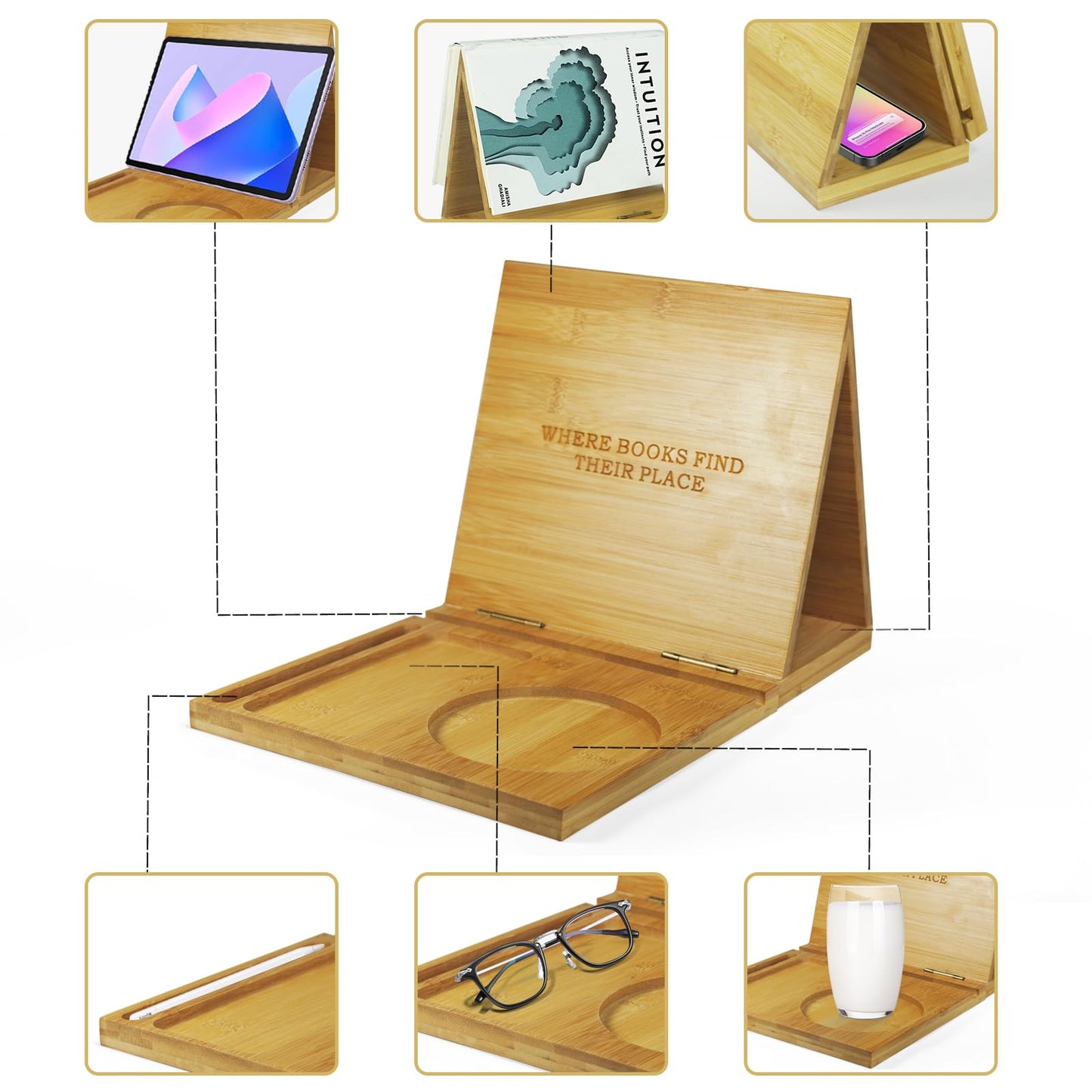 ZenRich Bamboo Wooden Book Stand Holder - Unique Book Nook Reading Valet with Cup, Glasses & Pen/Tablet/Kindle Holder. Foldable Bookmark - Ideal for Lovers