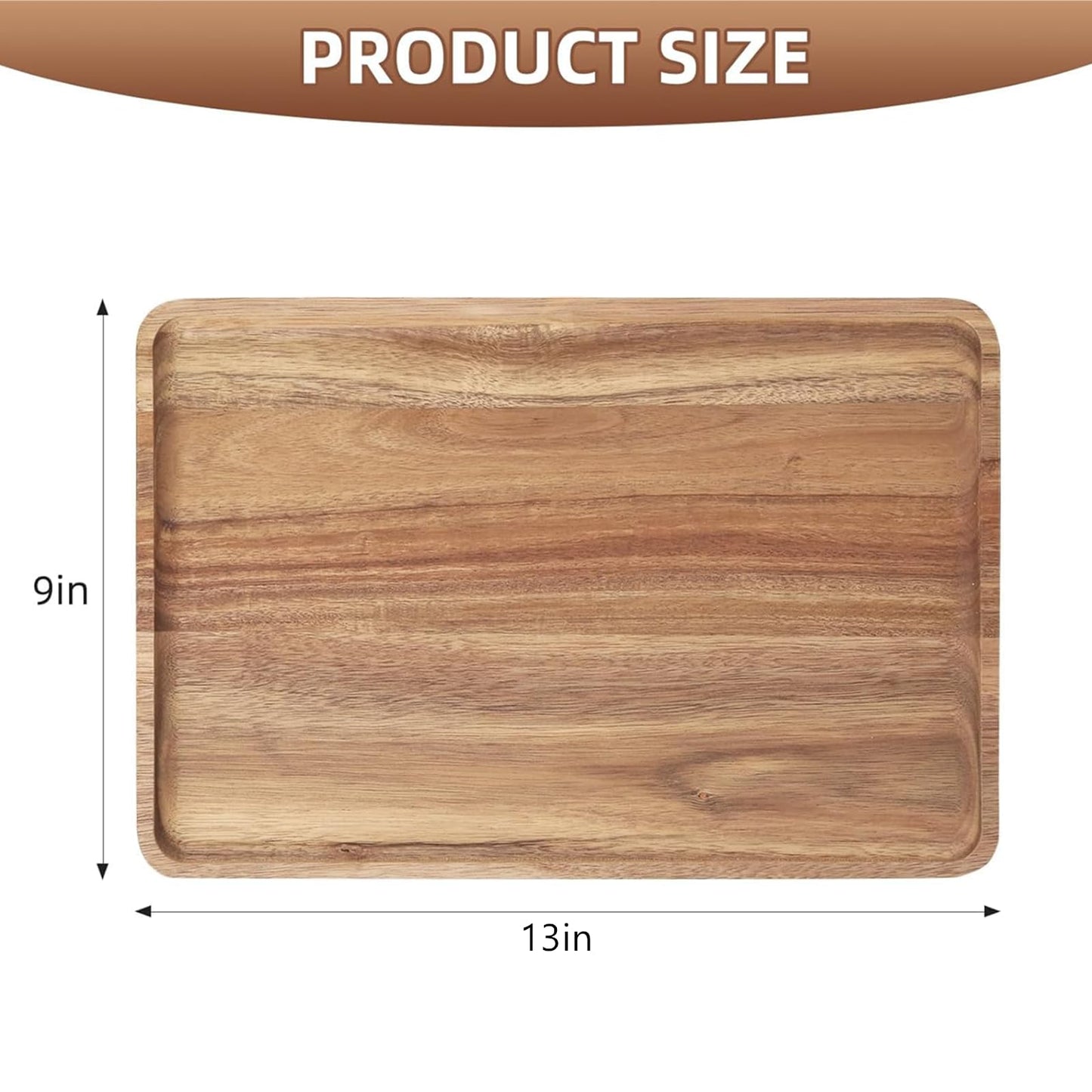 2 PCS Solid Acacia Wood Serving Trays 13 * 9 inch Rectangular Wooden Serving Platters Natural Wooden Boards for Bar Coffee Party（Wood Log Color）