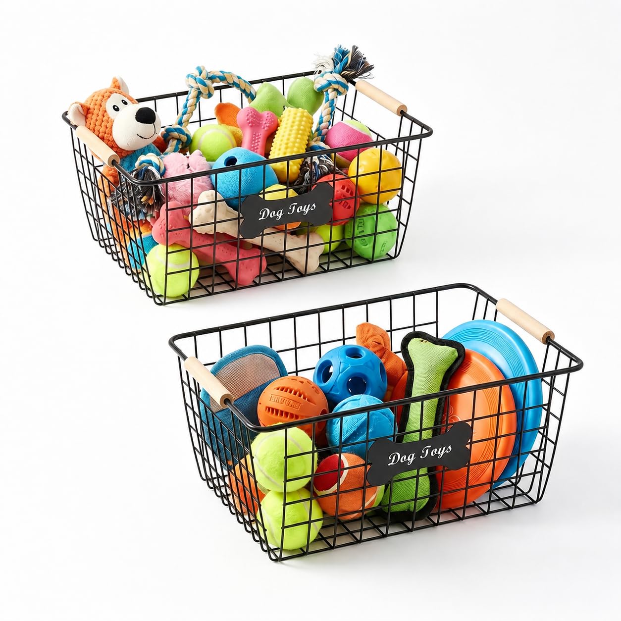 Bromjavol 2-piece Metal Dog Toy Basket with Wooden Handles, Indestructible Dogs Toy Storage Bin, Dogs Organizer Box for Living Room-Chew Proof-Ideal for Outdoor and Indoor-Black
