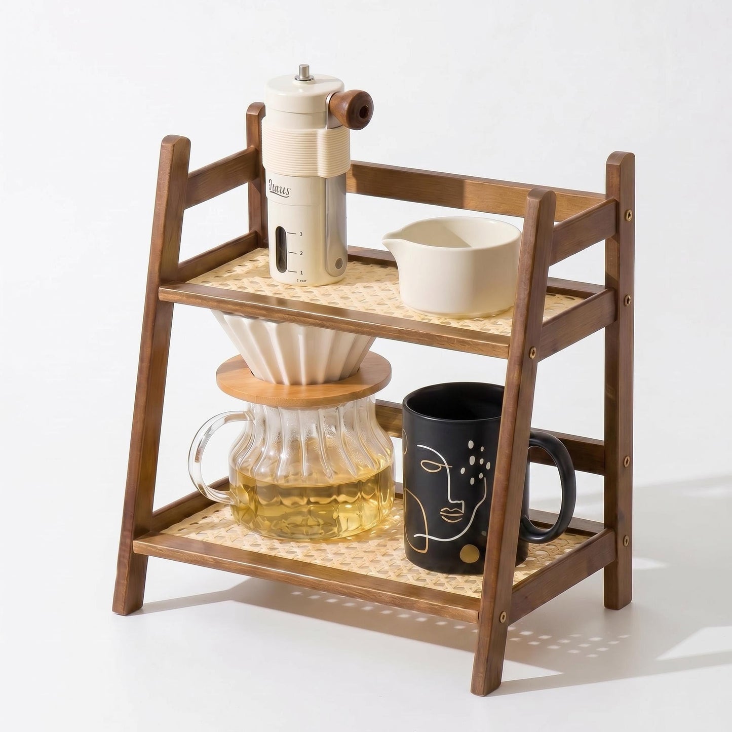 Rattan-Look Matcha Station Organizer Countertop Bamboo Tea & Coffee Accessories Station Organizer 2 Tier Mug Holder Display Stand for Kitchen Condiment, Home, Office, Brown