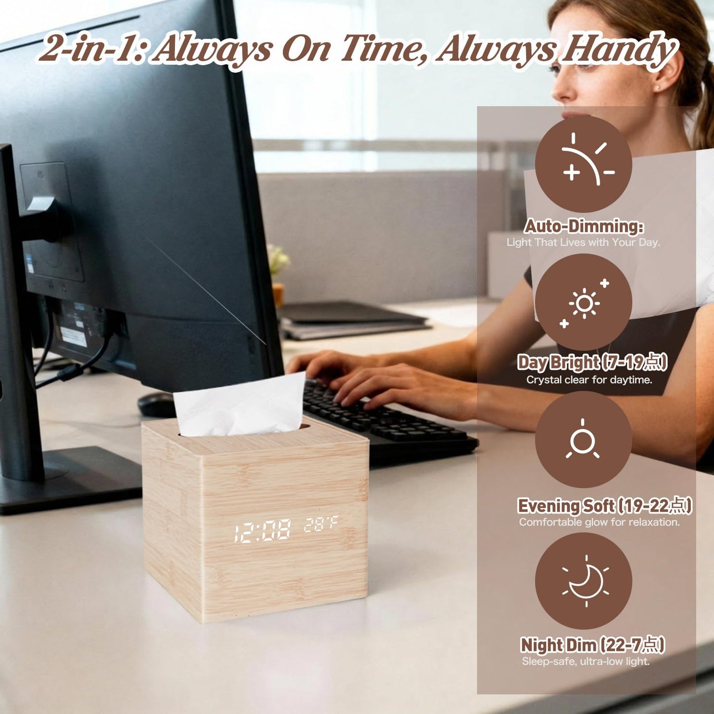 ANHUXINLEI Wooden Tissue Box Cover - Digital Square Holder with Dimmable Alarm Clock, Temperature and Date Display - Cordless Home Decor for Office Desk, Nightstand and Bedroom Organization