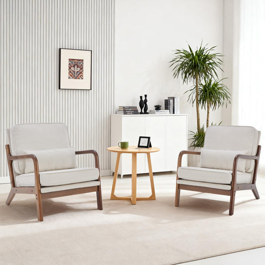 DUMOS Mid Century Modern Accent Chairs Set of 2, Armchair with Lumbar Pillow and Waist Cushion, Solid Wood Frame Lounge Chair for Living Room, Bedroom, Reading Nook, Small Apartment Corner, Beige