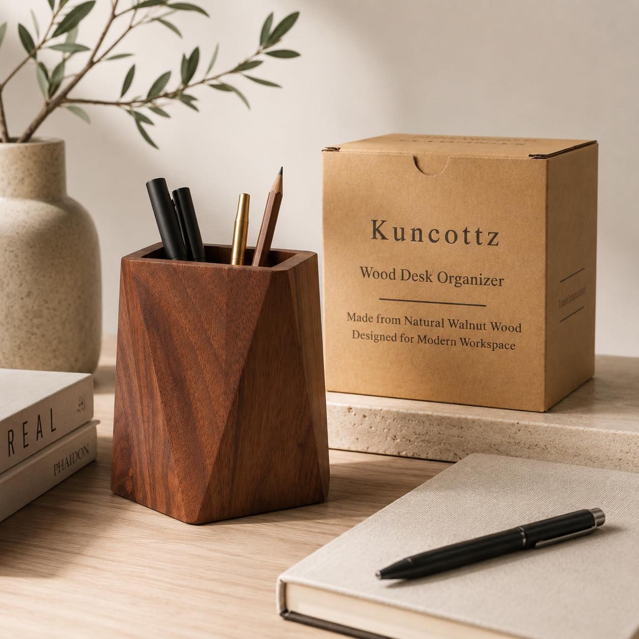 Kuncottz Black Walnut Wood Pen Holder for Desk, Modern Wooden Pencil Cup Organizer for Office Supplies, Luxury Desk Accessories for Home Office Decor