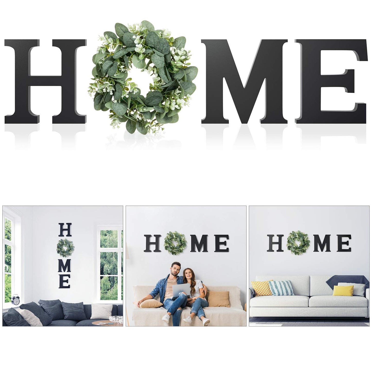 Wooden Home Letters with Wreath Artificial Eucalyptus Modern Decorative Hanging Farmhouse Sign for Living Room & Kitchen - Housewarming & Couple Gifts - Christmas Decoration