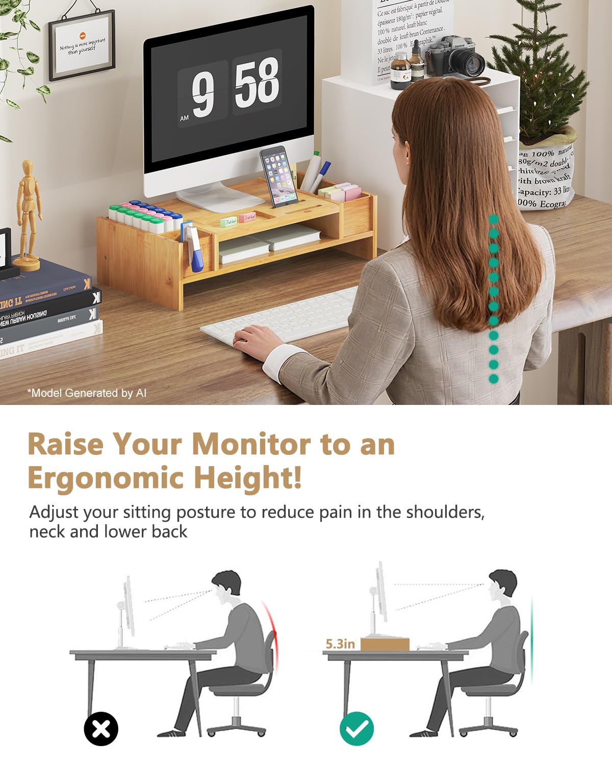 Ufine Bamboo Monitor Stand with Storage Compartments Ergonomic Computer Laptop Riser Small Space Organizer for Home Office