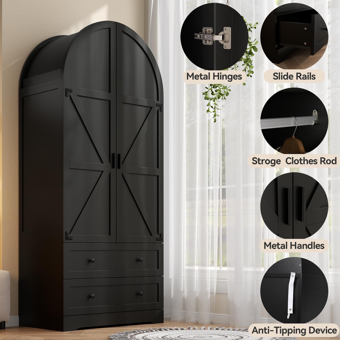 Black Armoire Wardrobe Closet,Wooden Wardrobe with 2 Doors and 2 Drawers,Bedroom Freestanding Armoire Storage Cabinet with Hanging Rack,Wardrobe Storage with with Hanging Rod for Bedroom, Cloak Room