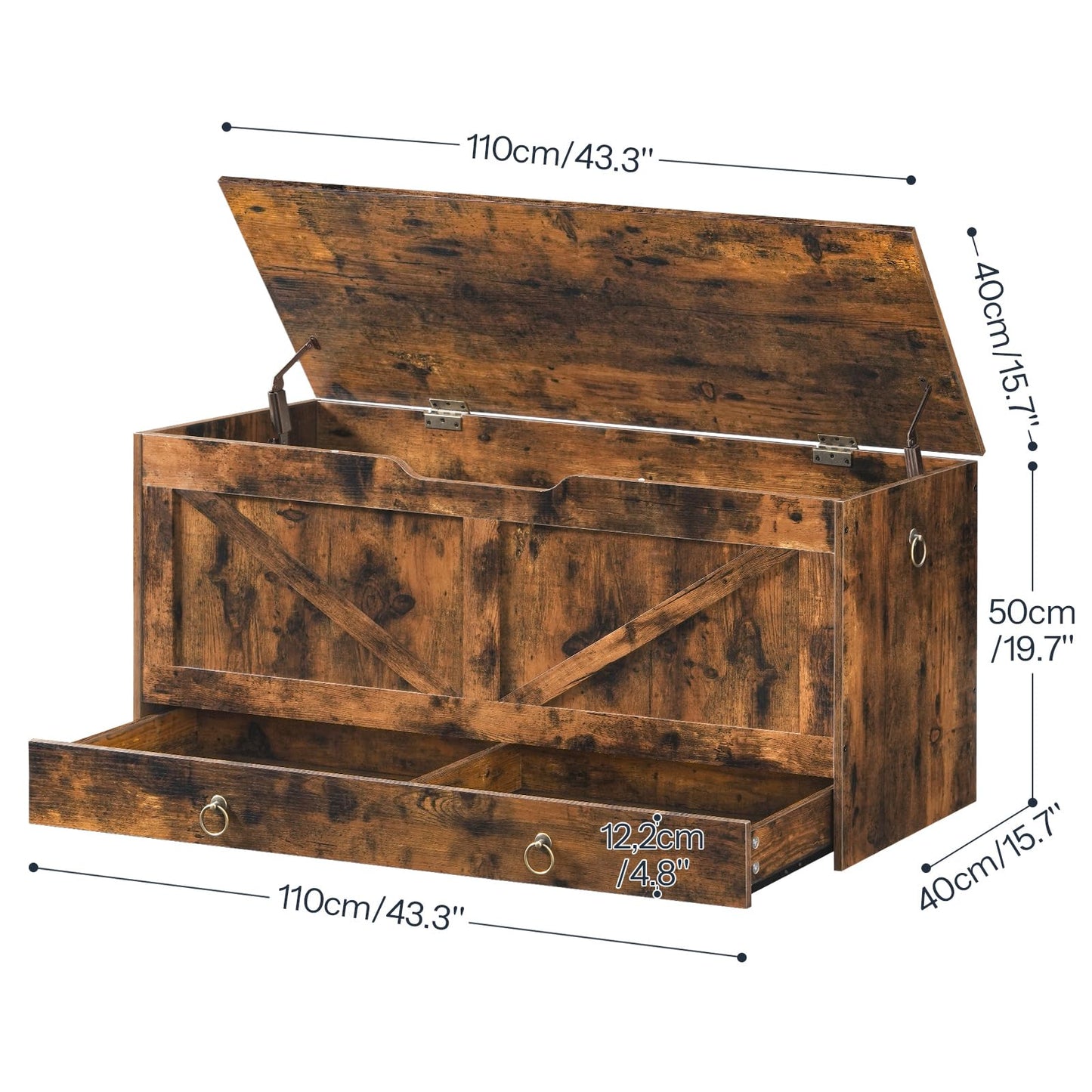 HOOBRO Storage Chest, 43.3" Toy Chest with Drawer, Wooden Storage Bench, Sturdy Entryway Bench Supports 220 lb, Shoe Bench, Safety Hinge, U-Shaped Opening, Easy Assembly, Rustic Brown FG711CW01G1