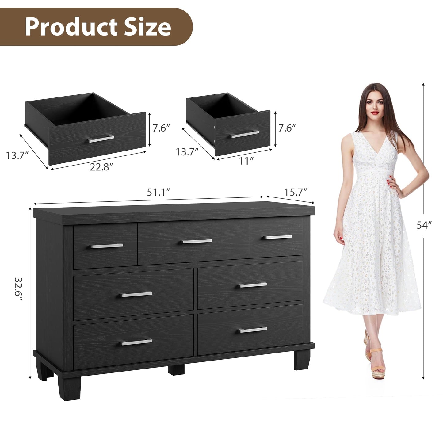 IDEALHOUSE Dresser for Bedroom with 7 Drawers, Black Storage Chest of Drawers with Metal Handle, Wooden Dresser Organizer for Living Room,Closet,Entryway,Nursery