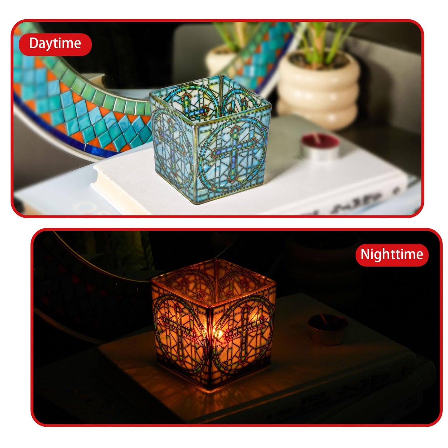 Square Glass Vanity Organizer Religious Cross Altar Ofrenda Qtip Holder Makeup Brush Holder Pen Cup Tealight Candle Holder Table Decor Bronze