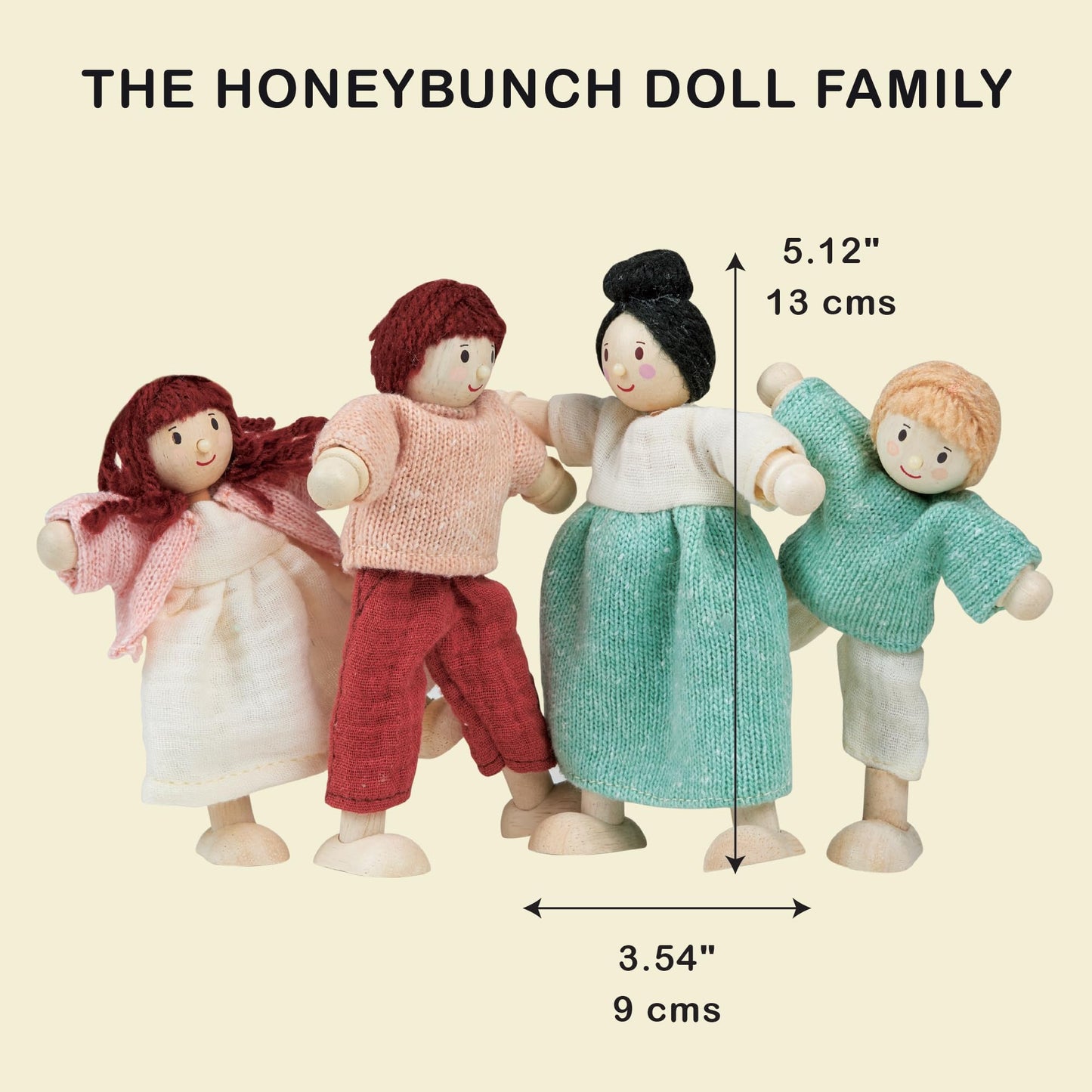 Mentari Toys - The Honeybunch Doll Family - 4pc Poseable Wooden Doll Set with Fabric Clothes - Perfect for Dollhouses and Small World Play - Encourages Imaginative Play and Social Skills - Age 3+