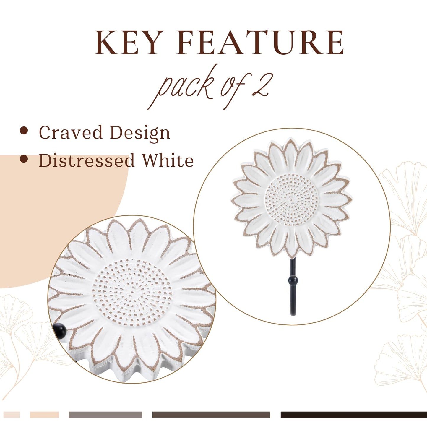 TRENDIN Rustic Wooden Sunflower Wall Hooks Set of 2, Distressed White Decorative Wall Hooks for Coats, Hats, Bags, and Keys, Farmhouse Floral Home Decor for Entryway, Bedroom or Living Room
