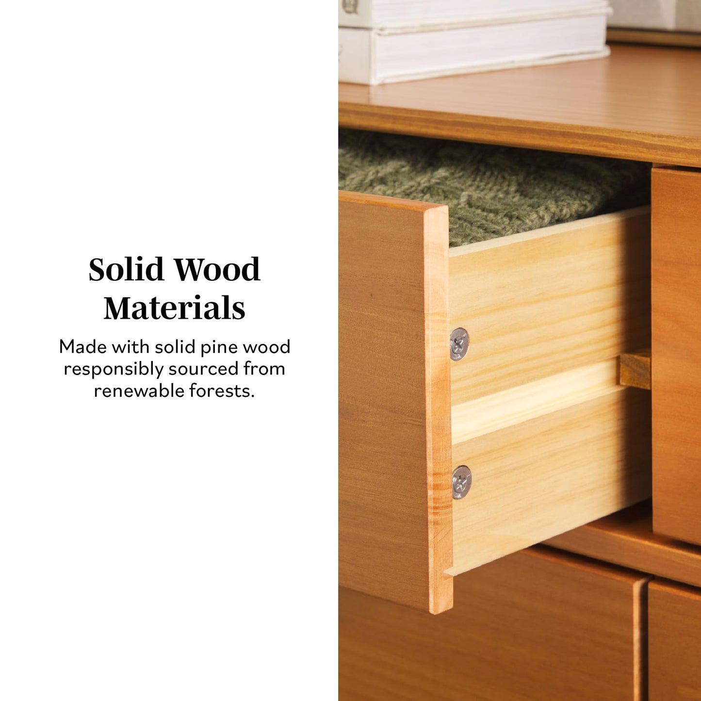 Walker Edison Sloane 6-Drawer Solid Wood Dresser with Metal Handles, 52 Inch, Caramel