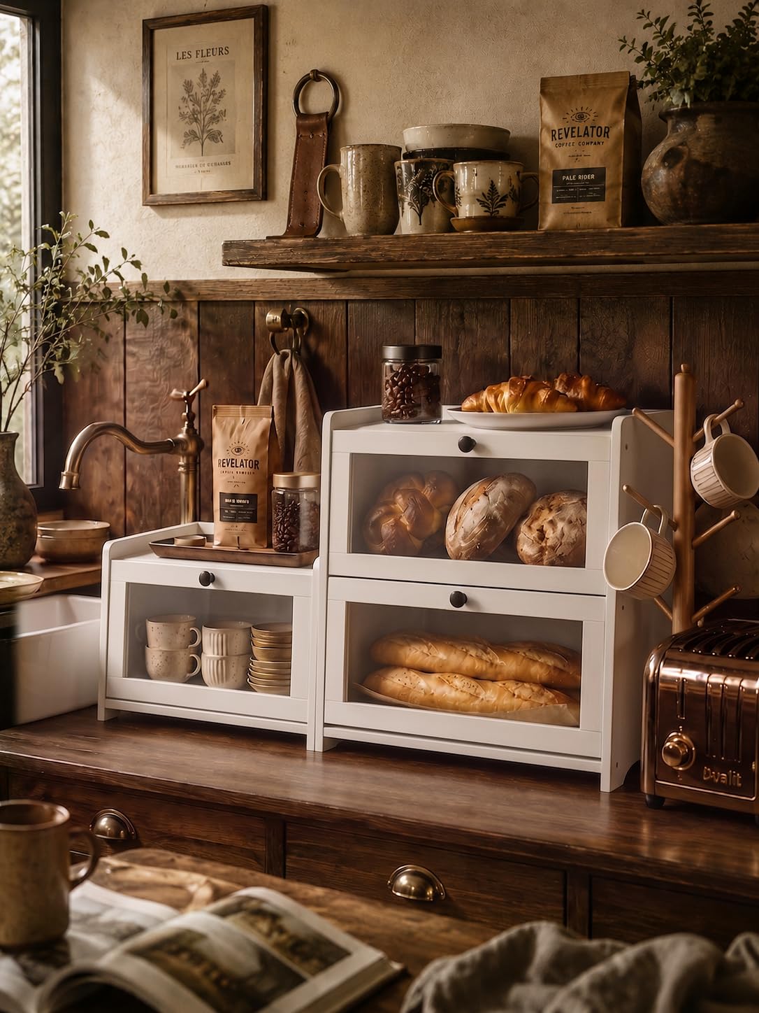 Plusinthebox White Bread Box for Kitchen Countertop, 2 Tier Large Capacity Wooden Bread Storage Container, Modern Minimalist Bread Keeper for Kitchen, Pantry and Coffee Bar Organizer