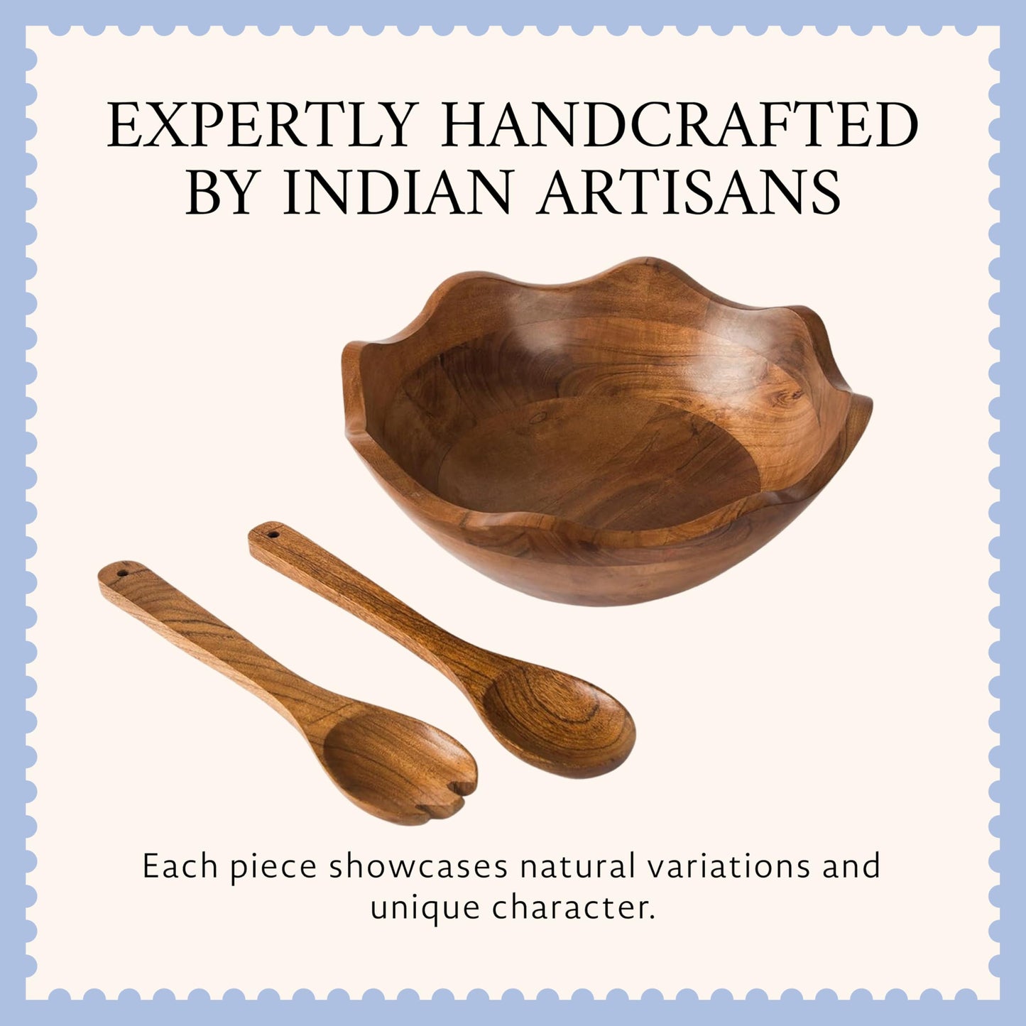Mela Artisans 12 in Wide x 4 in Tall Scalloped Acacia Wood Salad Bowl with Servers – Decorative Serving and Fruit Bowl with Natural Finish for Kitchen Counter, Pasta, Bread and Home Decor