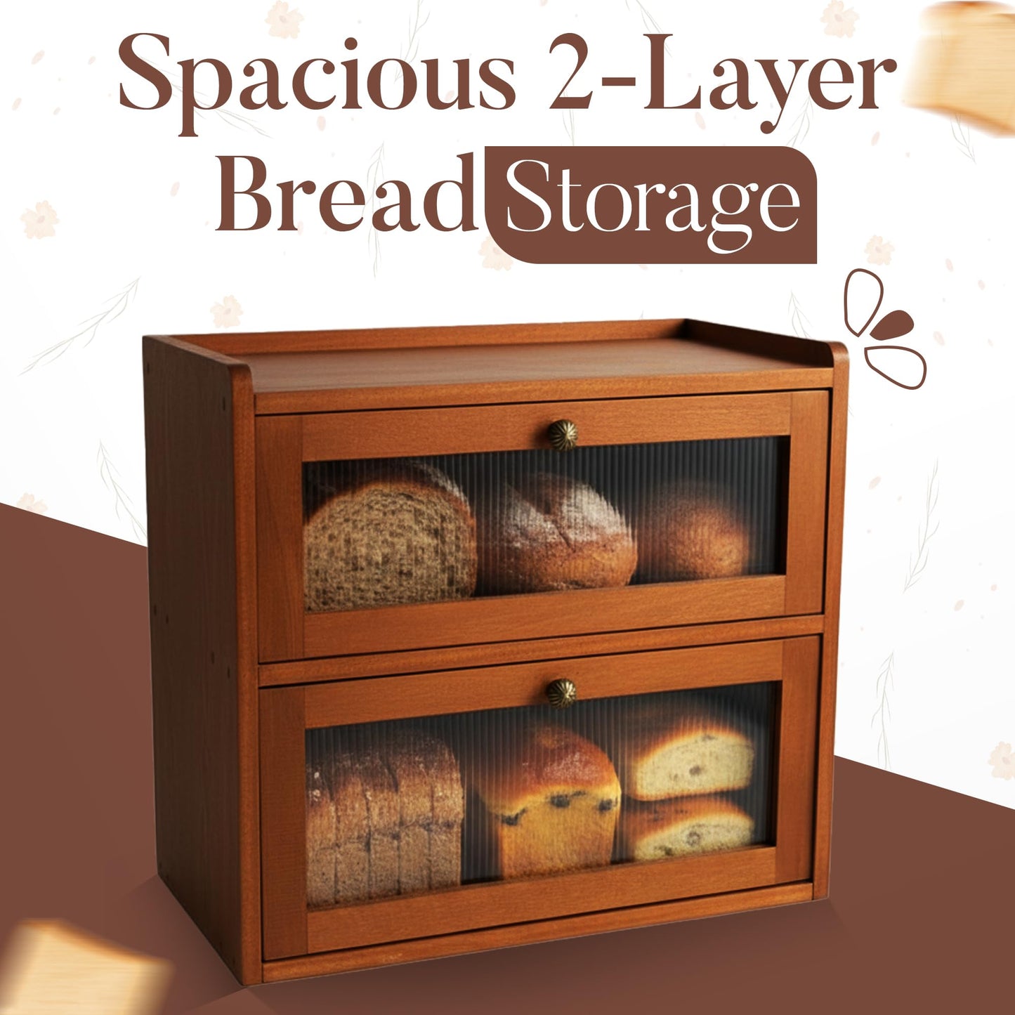 Jubily Bread Box with Clear Acrylic Windows – 2-Layer Pine Wooden Storage Box, Large Bread Box for Kitchen Countertop, Bread Storage Container for Homemade Bread, Rolls & Baked Goods