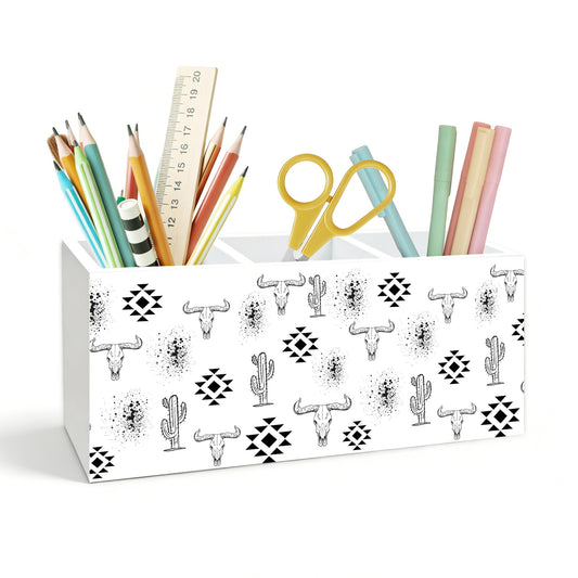 KJULYW Western Desk Accessories Pen Holder, Western Office Decor, Boho Aztec Bull Skull Cactus Wooden Box Pencil Pen Holder Organizer for Home Office Desk Accessories