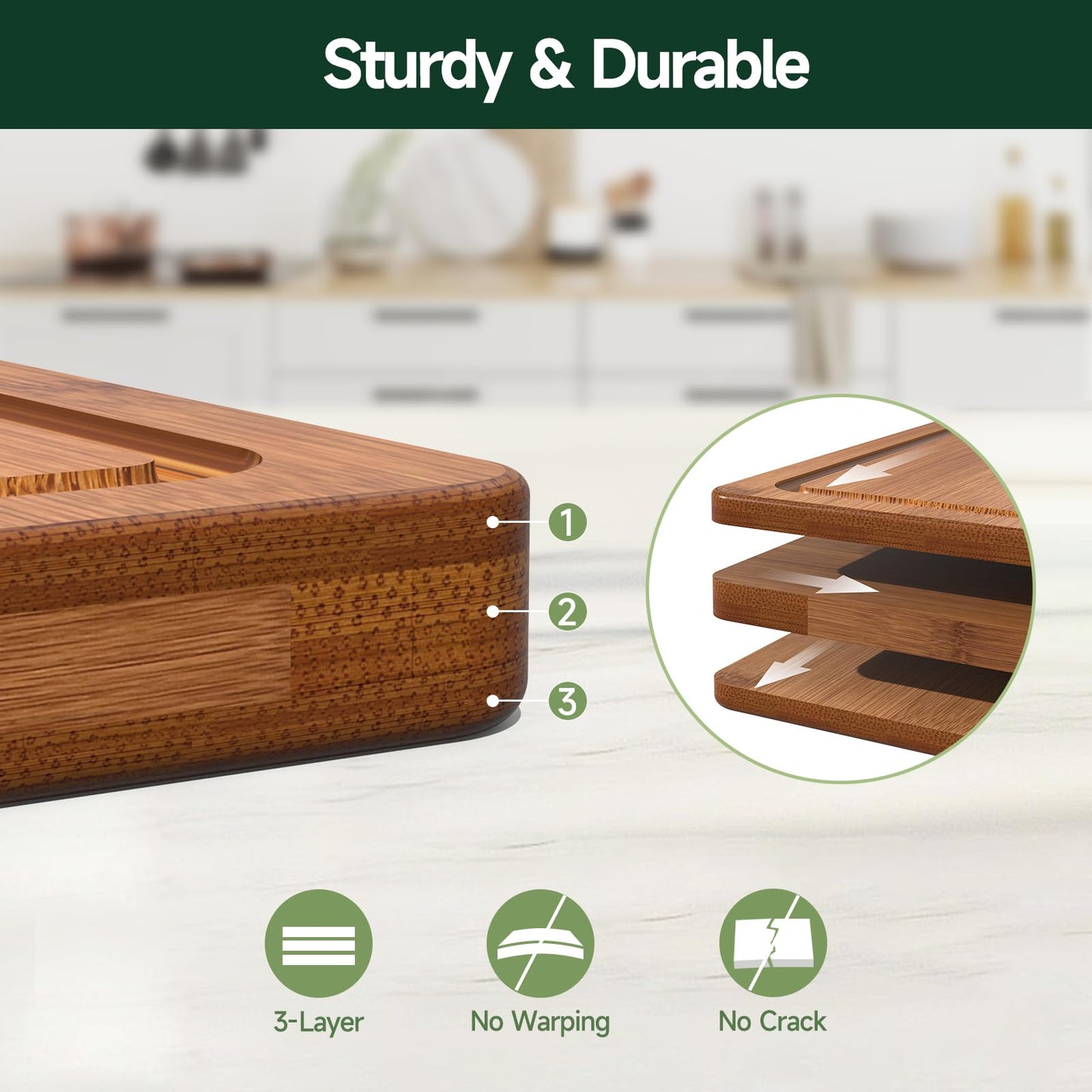 Zeawec 4-Piece Set Deep-Carbonized Bamboo Cutting Board for Kitchen - Crack-Resistant Wood Chopping Boards with Deep Juice Grooves, Pre-Oiled Butcher Block for Meat, Vegetables & Cheese, Carbonized