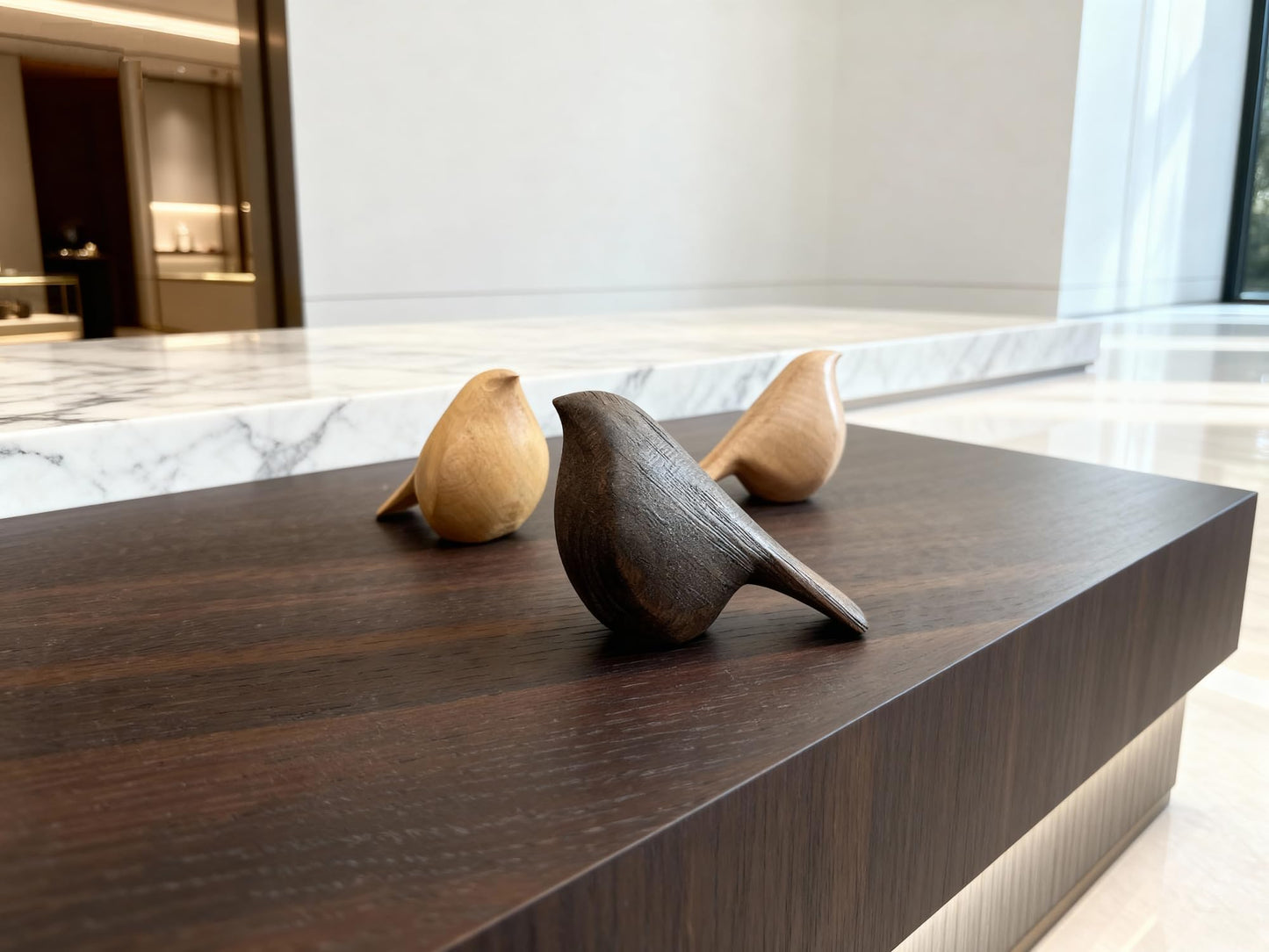 JUAZHX Natural Wood Bird Trio 4.1”L Set of 3 – Small Bird Sculptures & Animal Statues, Hand-Finished Modern Coffee Table Shelf Decor, Gift-Ready (3, Mixed)