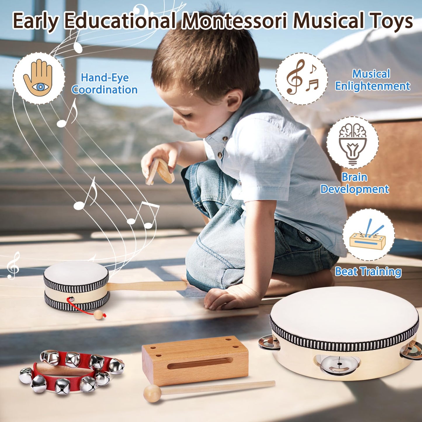 LOOIKOOS Montessori Natural Wooden Musical Instruments Set for Toddlers Preschool Educational Percussion Toys with Storage Bag, Safe Early Learning Toys for Boys Girls (3+)