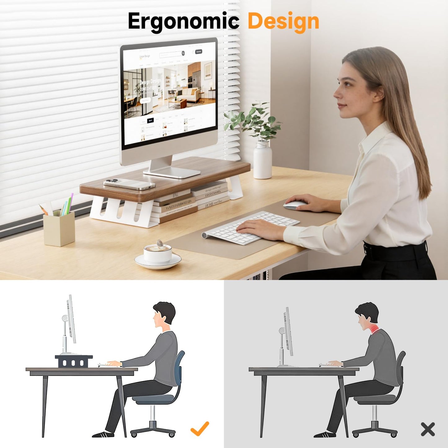 NestNeat Monitor Stand - 24 Inch Wood Monitor Stand Riser, 220 Pounds Load Capacity Desk Monitor Riser for Laptop/PC/Printer, Desktop Stands Organizer for Home Office