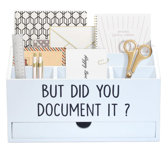 EXQUIDECA Wooden White Rustic Countertop Mail Storage Holder with Drawer and Compartments - Office Desk Accessories and Workspace Organizers - Desktop Sorter for Pen Stationery Letter Files Documents