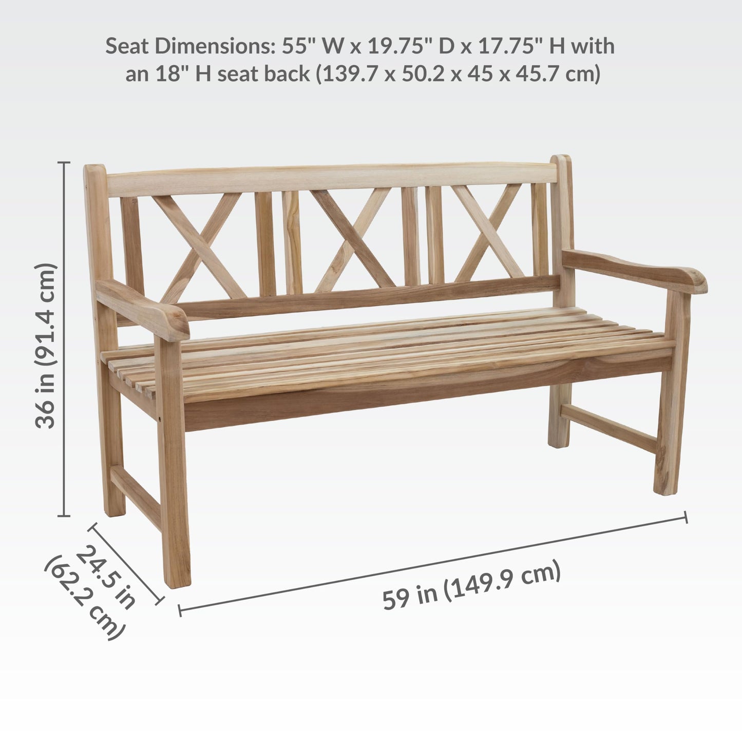 Sunnydaze 2-Person Outdoor Bench for Front Porch or Park - Wooden Teak Patio Garden Bench with Backrest - 675 lb Weight Capacity - Crossback