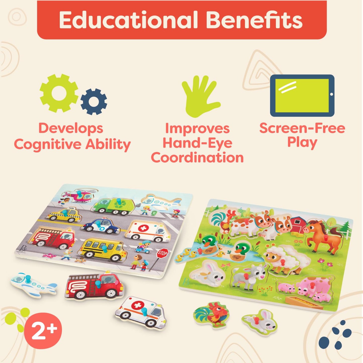 B. toys – Peek & Explore Puzzle 4-Pack – Wood Toys for Toddlers, Kids – 8 Pieces Each – Vehicles, Trucks, Animals, Barnyard – 2+ Years