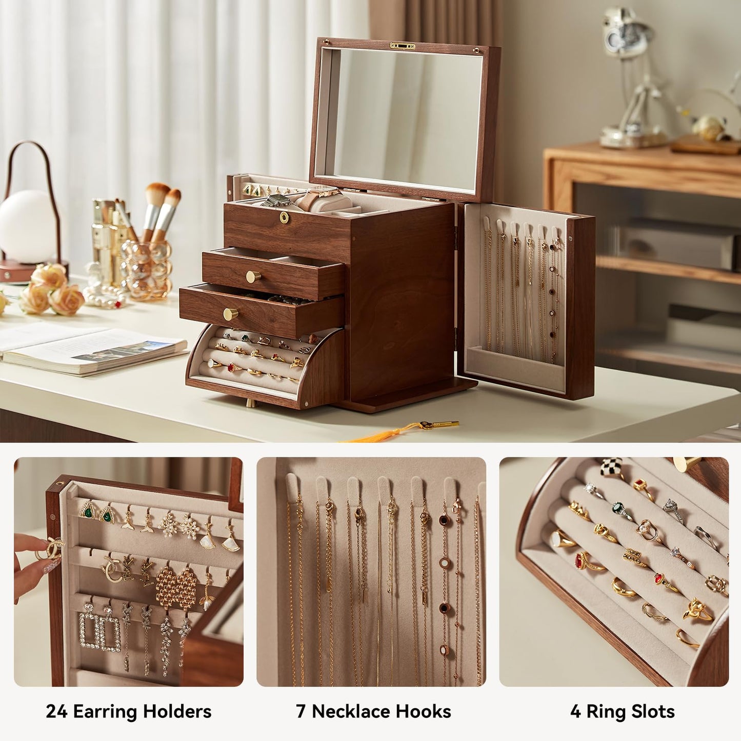 Homruilink Black Walnut Wooden Jewelry Box, Wood Jewelry Organizer with 2 Side Doors Mirror Lockable Classical for Watch Necklace Ring Earring, Fathers Day Gift-4 Layer with Curved Ring Grooves
