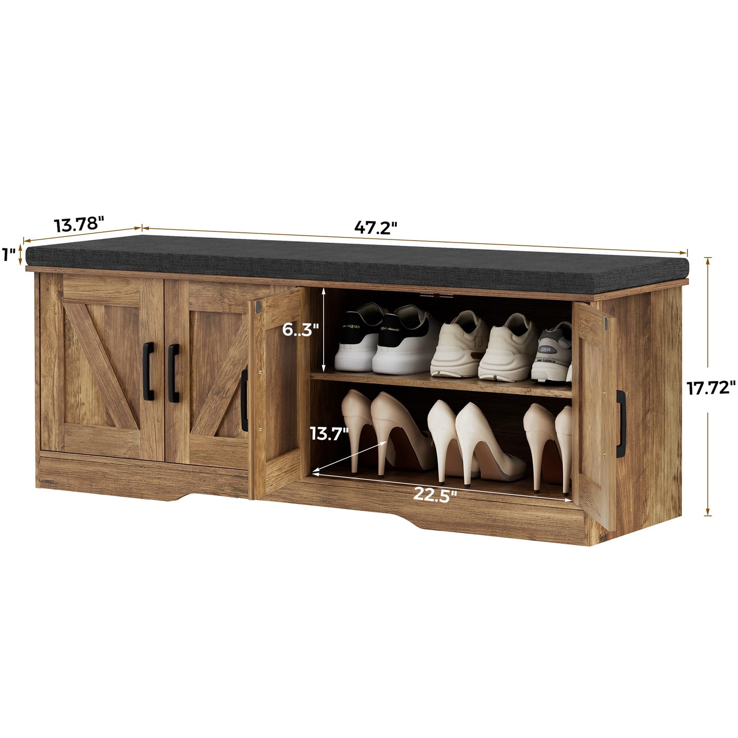 HOMSHO 2-Tier Storage Bench, 47.2" Wide Shoe Bench with Padded Seat Cushion, Entryway Bench with 4 Barn Doors and Adjustable Shelf, Rustic Walnut