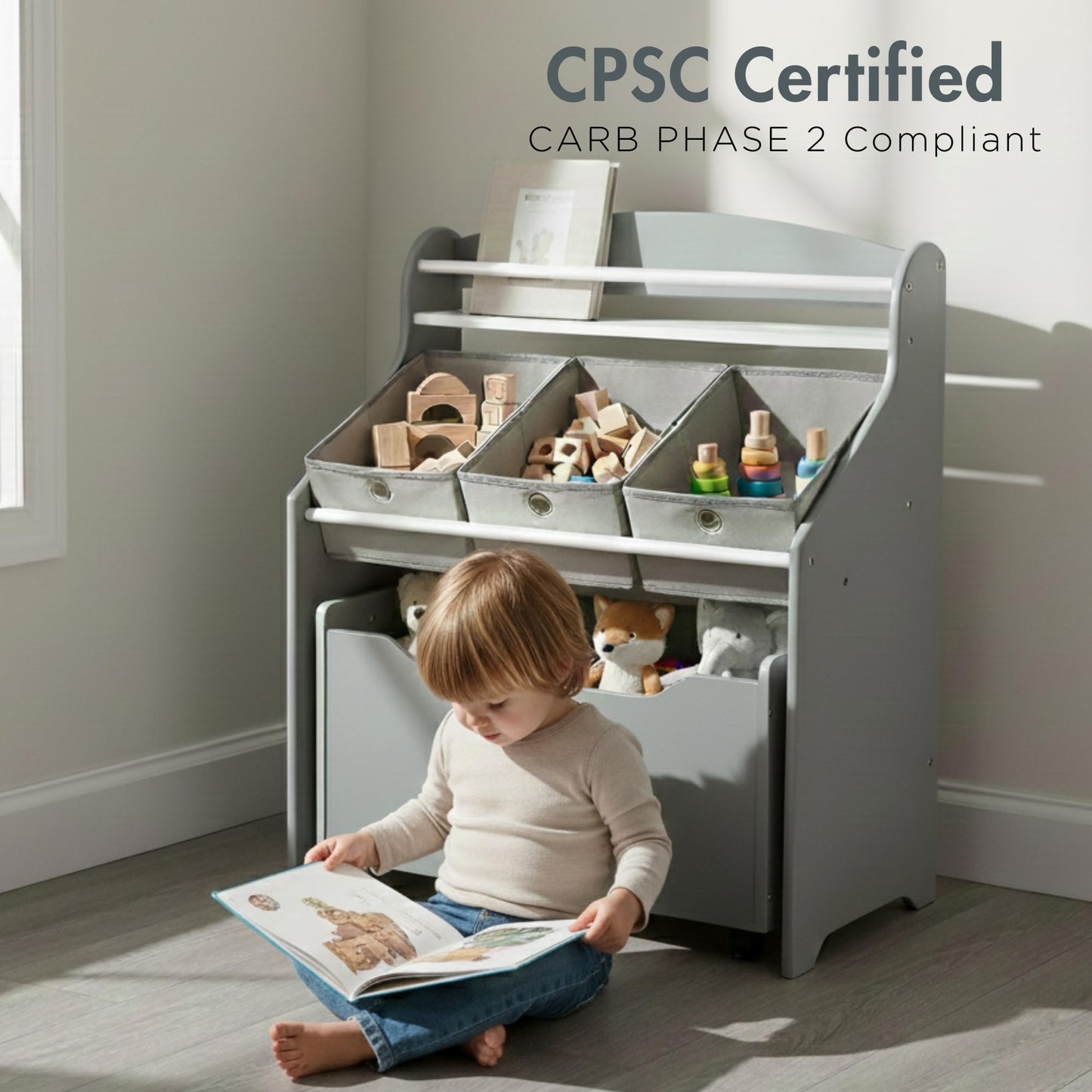 Humble Crew 3-in-1 Kids Bookshelf and Toy Storage Organizer, Bookcase with Rolling Toy Box and 3 Fabric Storage Bins, Wooden Nursery & Playroom Organizer, Grey/Grey