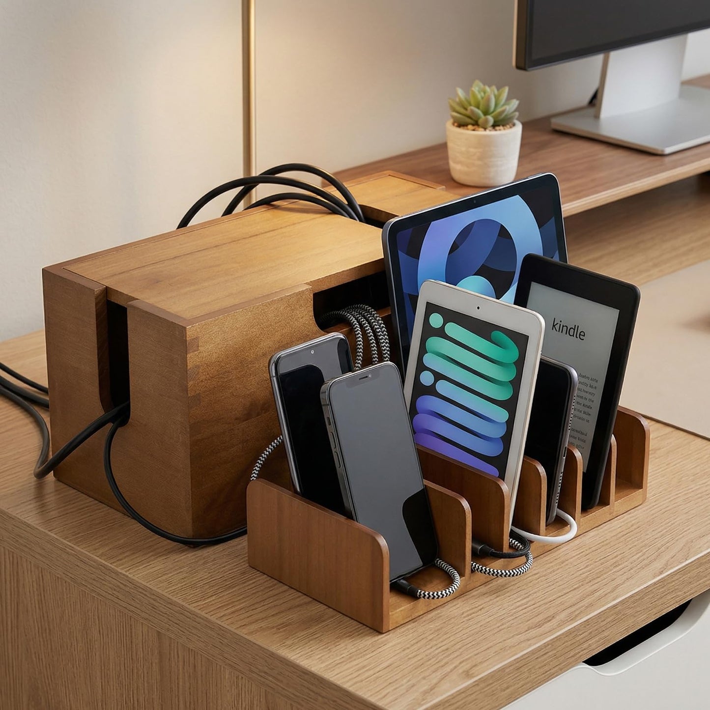 Gdfjiy Charger Organizer, Wooden Family Charging Station Organizer for Multiple Devices, Cable Management Box with Magnetic Lid, 7 Compartments Cell Phone Stand Tablets Holder, Desk Dock Space-Saving
