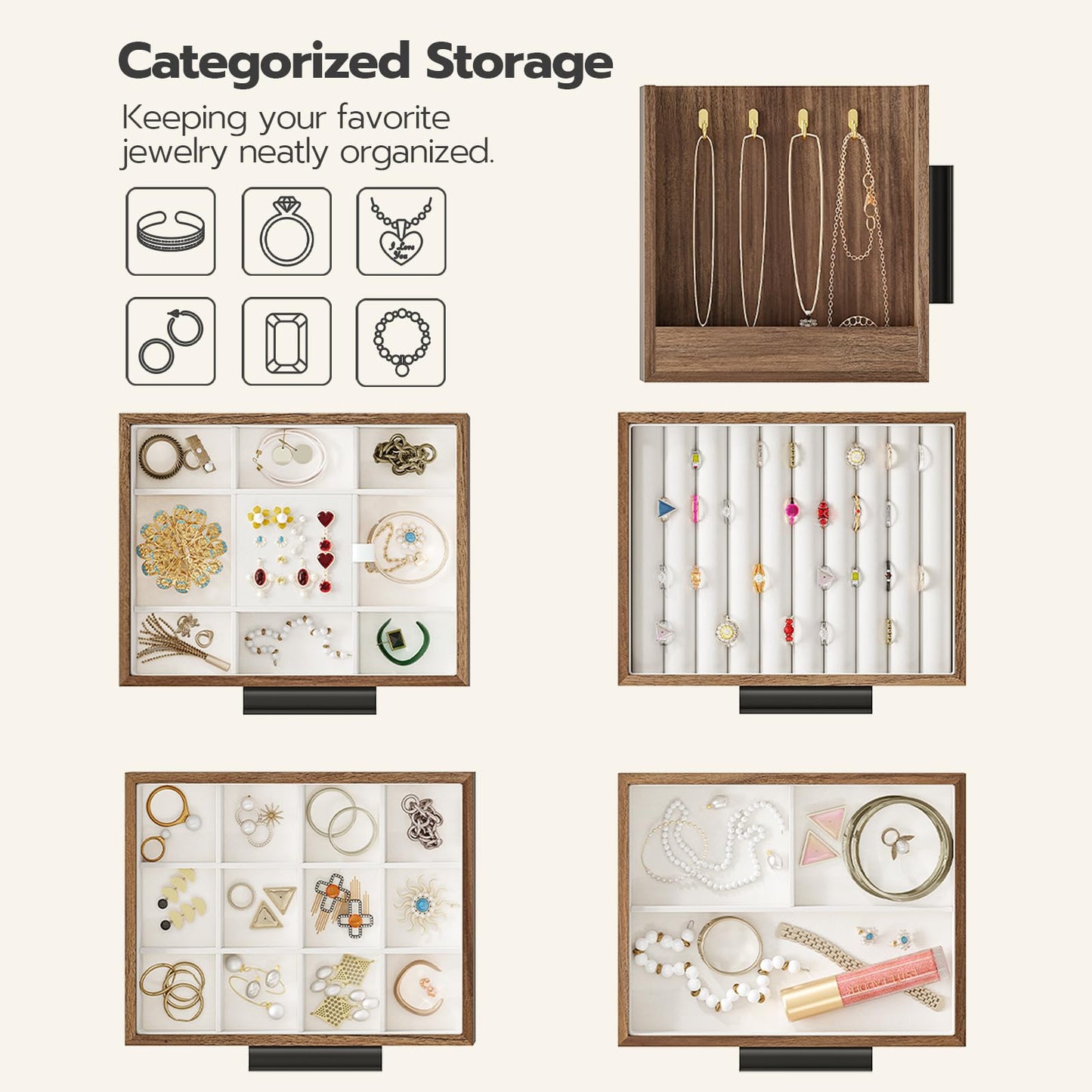 HOOBRO Jewelry Box for Women, Wooden Jewelry Organizer with Transparent Window and 360° Rotating Jewelry Box, Wooden Jewelry Organizer Bundle, BH09JB04-BH30JB04