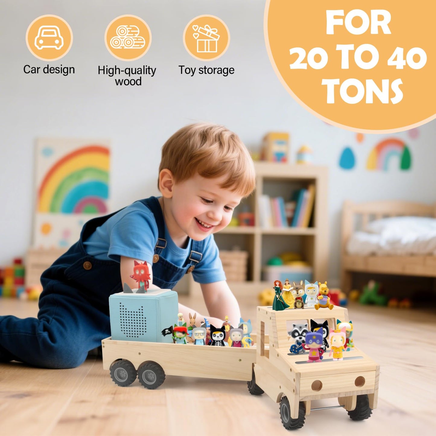 Taladad Storage & Play Car for Toniebox 2/1 and Tonie Figures Storage Shelf (Wooden Trailer), Magnetic Shelves Compatible with Tonie Box Player Character for Children Room (Natural, Wooden Trailer)