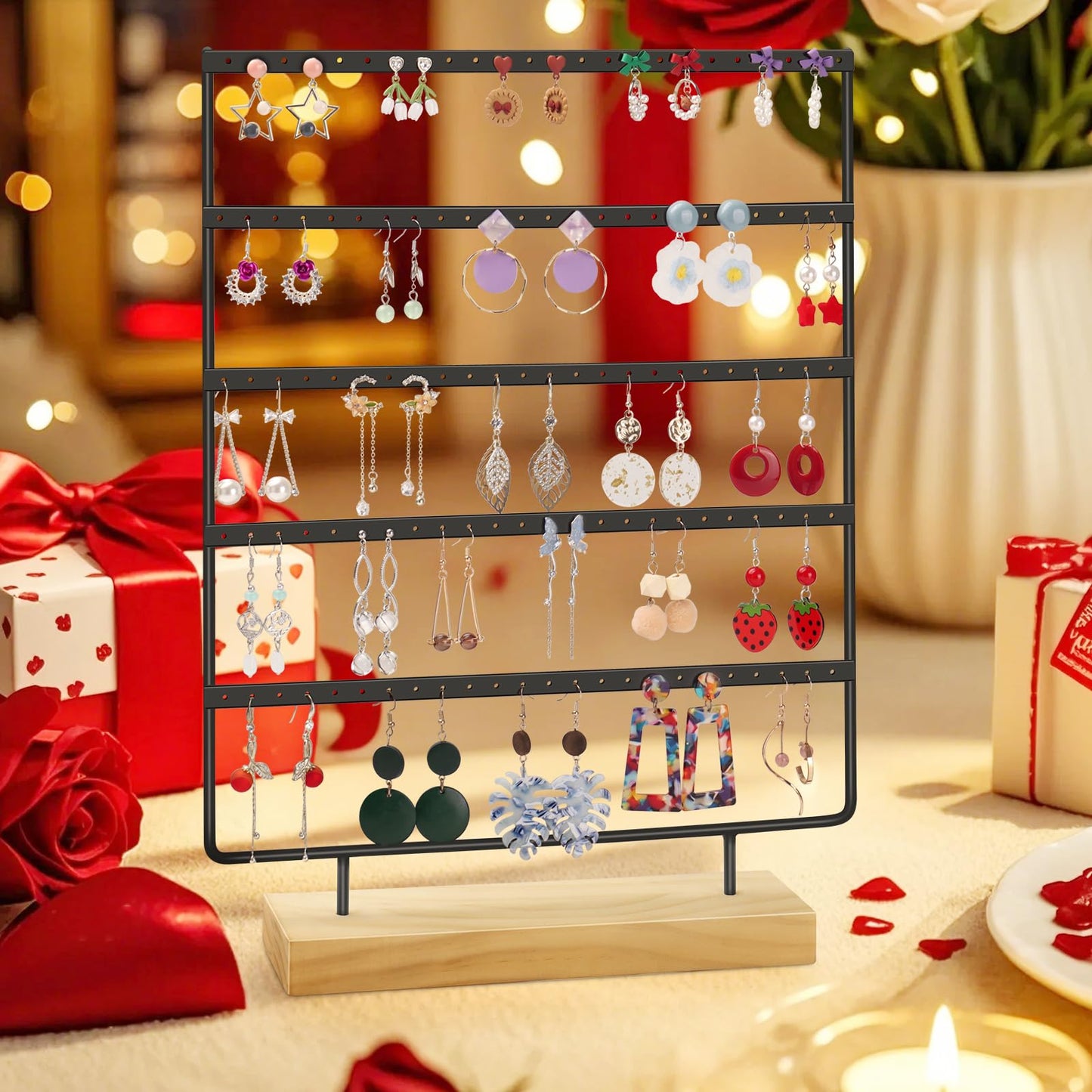 shidaishiye Earring Holder Organizer, 5-Tier Earring Organizer with 60-Pair Capacity, Wooden Base Metal Earring Display, Jewelry Storage & Display for Home Store, Suitable for Women