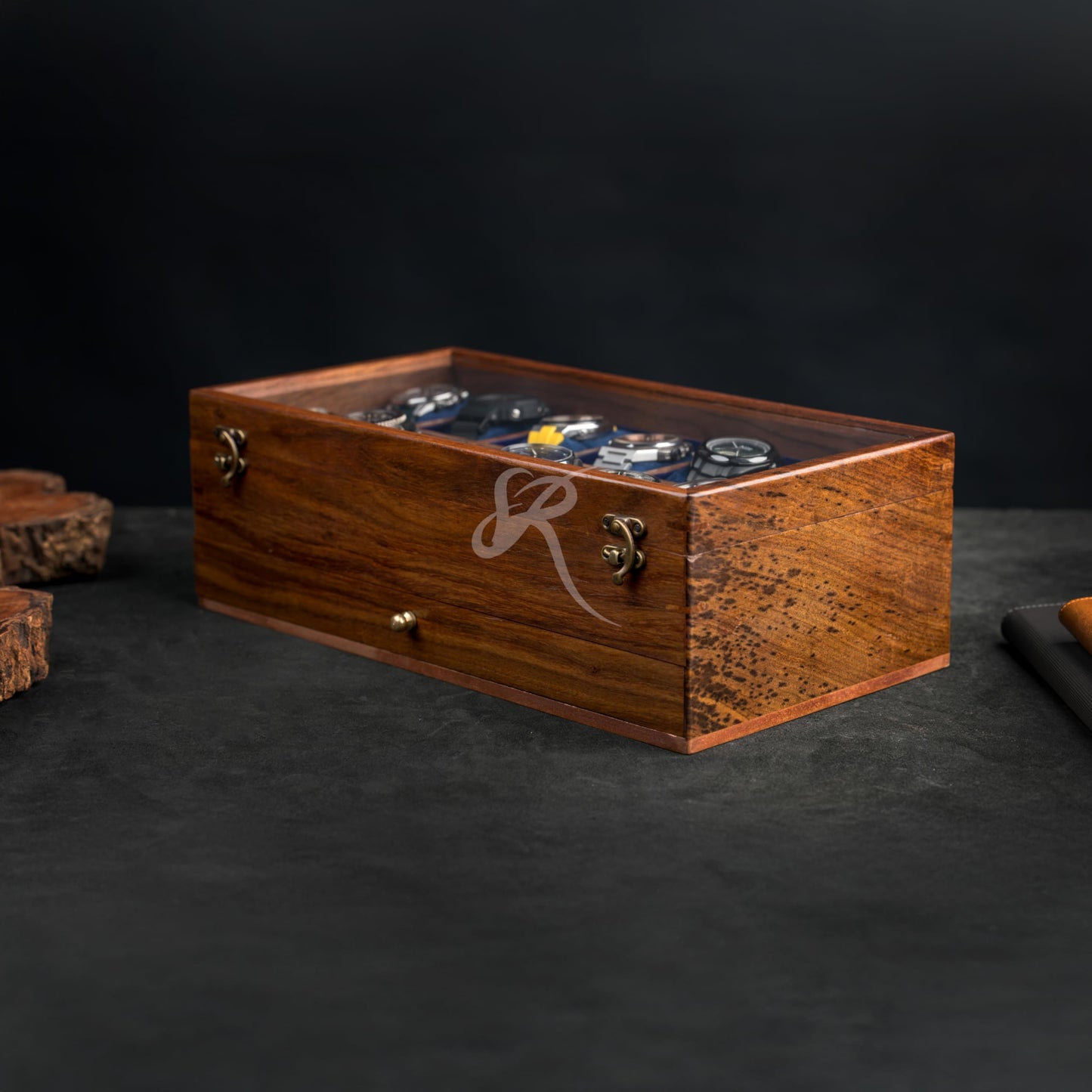 Royal Craft Expertise® 10-Slot Premium Wooden Watch Box for Men – Handcrafted Rosewood Organizer with Soft Velvet Lining | Elegant Display Case with Drawer | Ideal for Watch Storage & Gifting