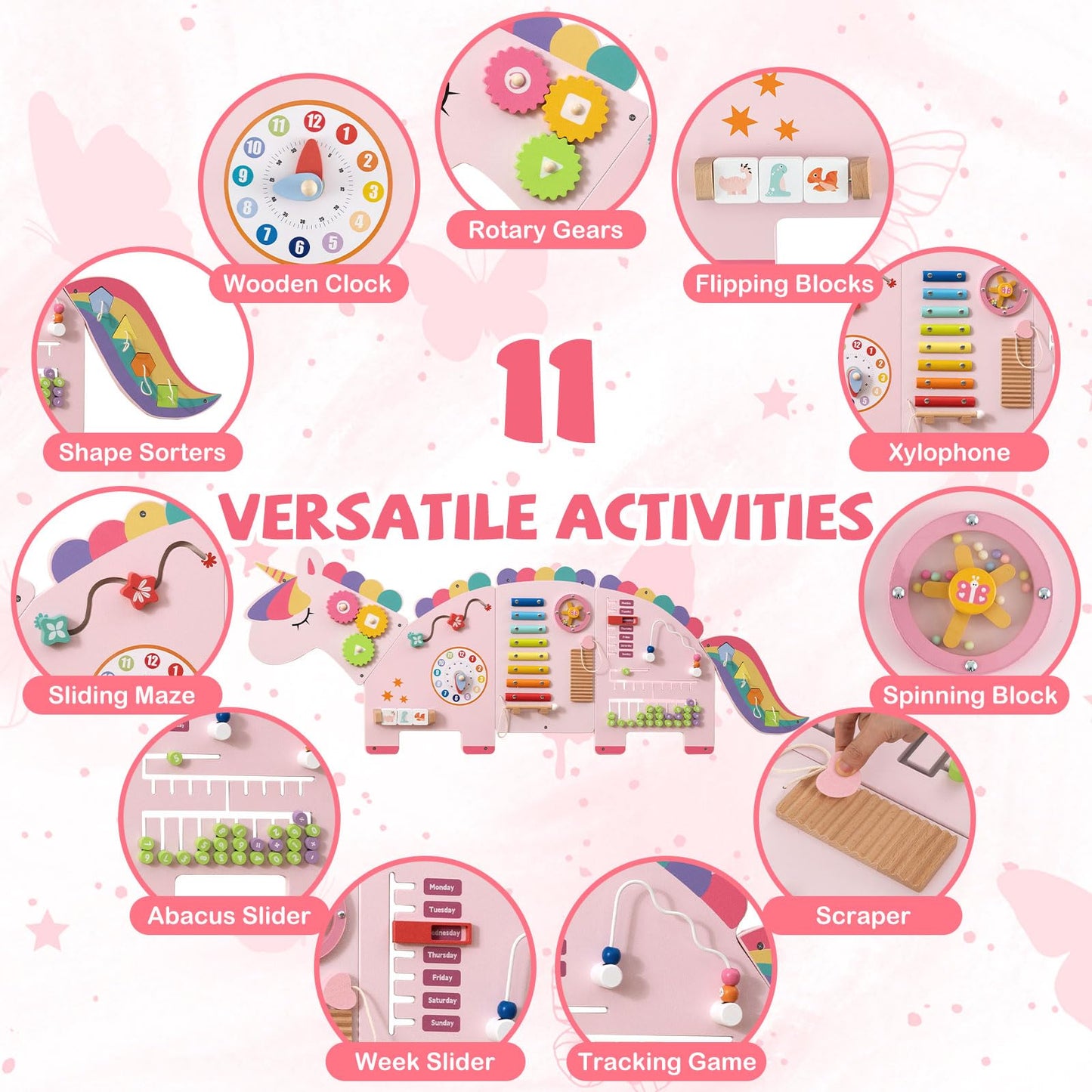 Costzon Activity Wall Busy Board, 11-in-1 Montessori Wooden Sensory Board Panels for Kids 3+, Wall-Mounted Toddler Learning Activity Center for Playroom, Daycare, Nursery, Classroom (Pink)