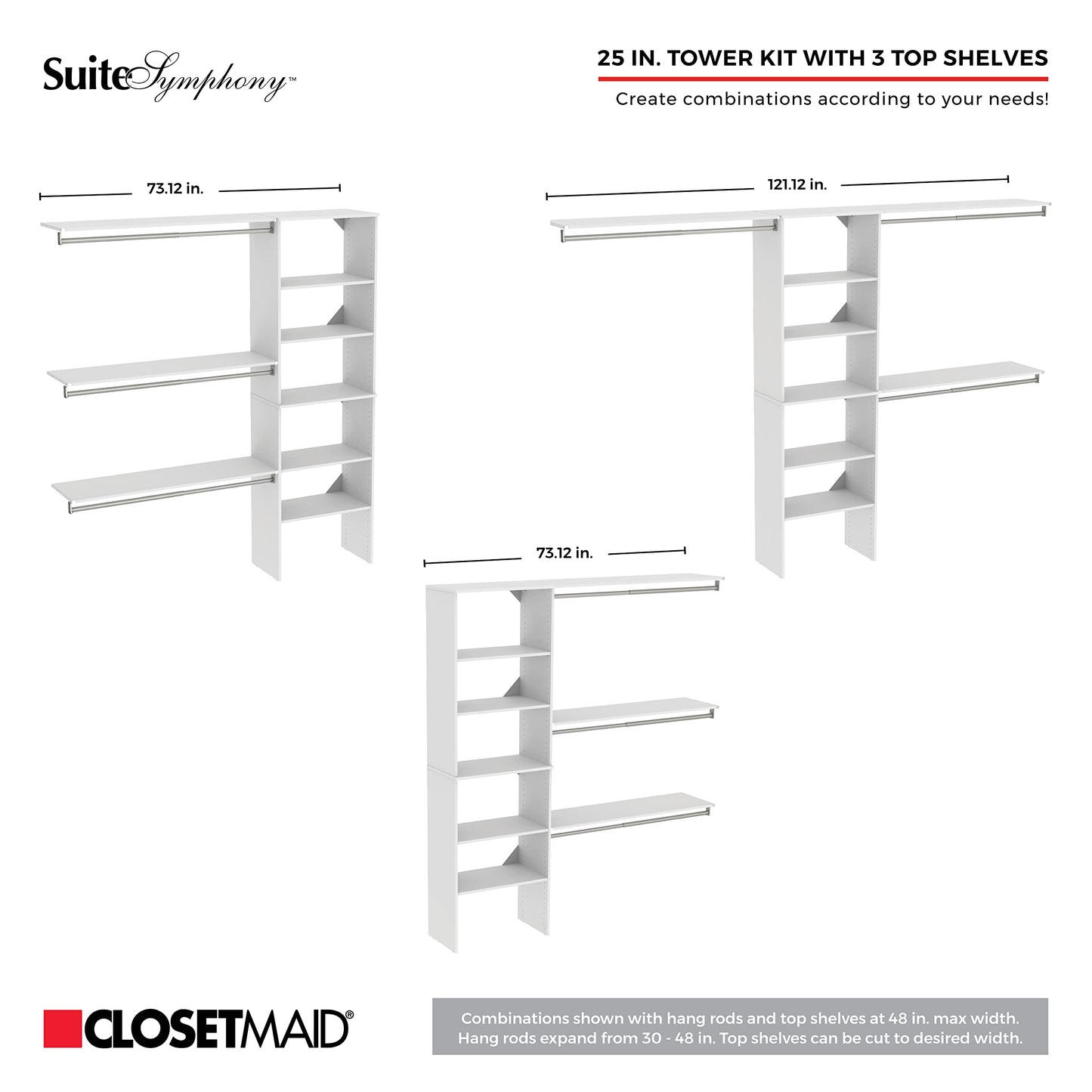 ClosetMaid SuiteSymphony Wood Closet Organizer Kit with Tower, 3 Hang Rods, Top Shelves, 3 Drawers, Modern, Fits Spaces 7 - 10 ft. Wide, Graphite Grey